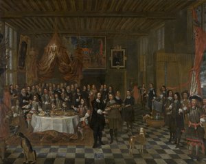 Bruges Guild of Saint Barbara tilbyder en banket til den engelske kong Charles II og hans to brødre i lauget Modtagelse af Charles II og hans brødre i Guild of Saint Barbara i Brugge af Jan Baptist van Meunincxhove